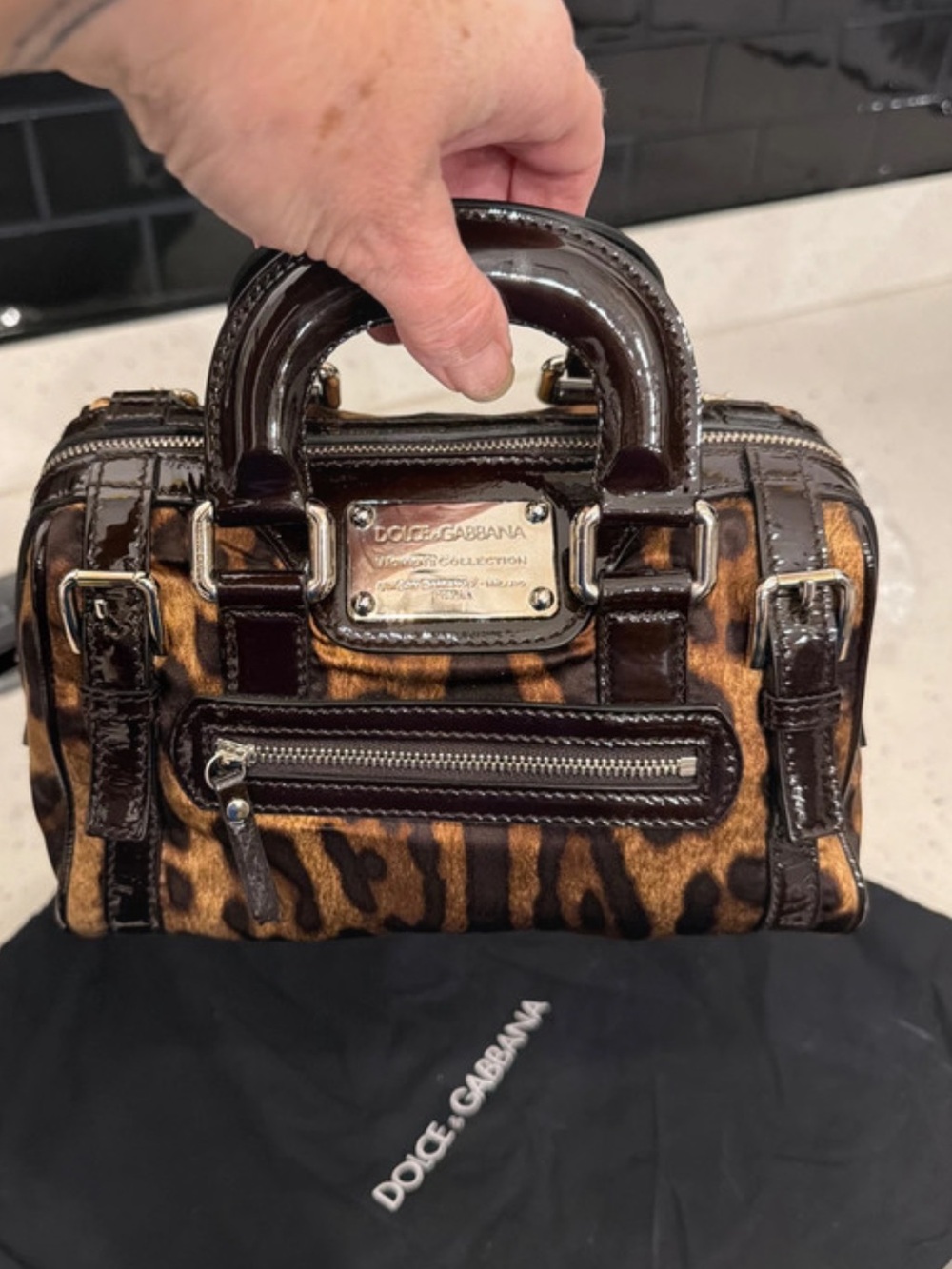 Dolce & Gabbana Leopard Print Mini Satchel in Brown and Dark Brown Patent Trim